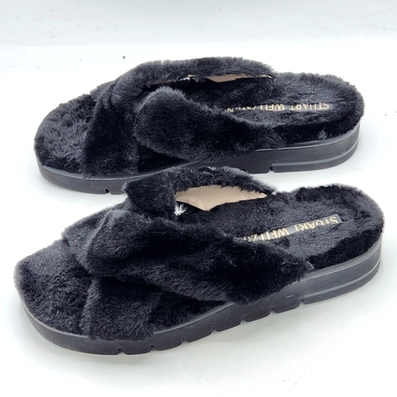 STUART WEITZMAN Roza Faux Fur Wedge Slides In Black Size 11.5 B - Picture 8 of 12